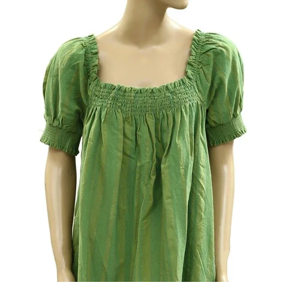 Free People Est Mila Mini Dress Smocked Puff Sleeve Shift Grasshopper L 285433 - Picture 8 of 8